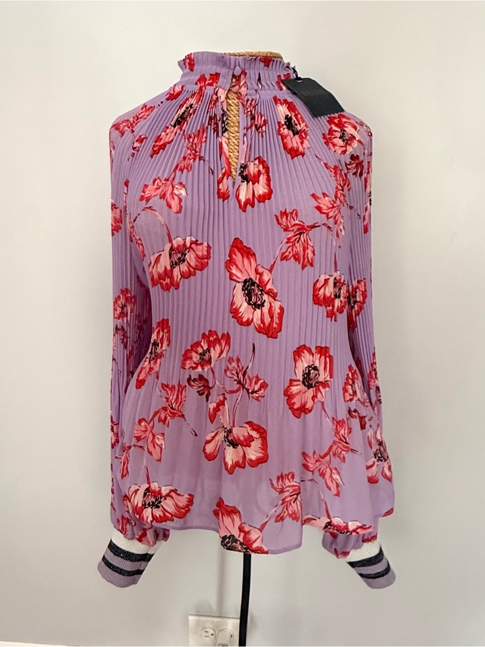 Lavender Floral High-Neck Blouse with Red Bloom Print